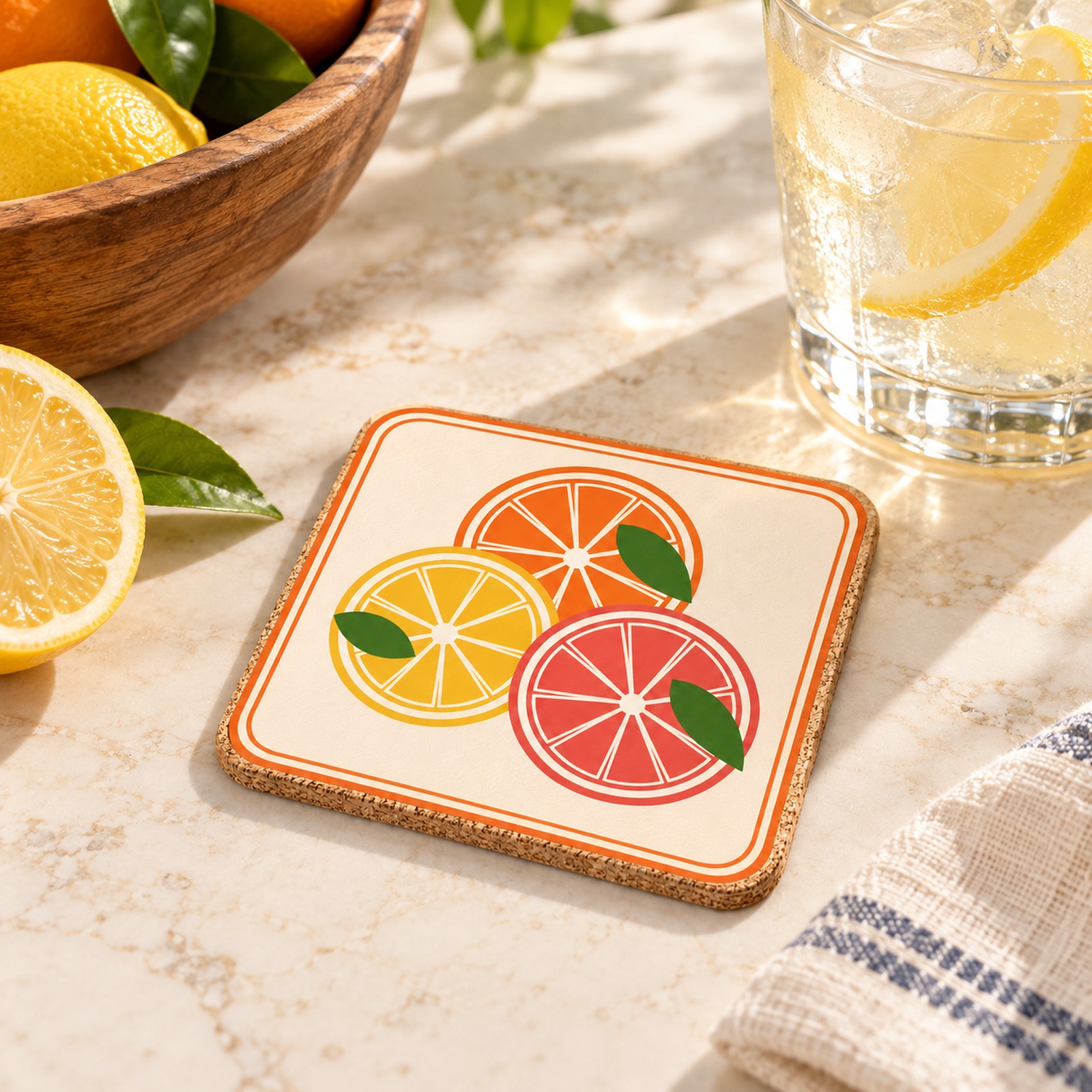 Citrus Grove Cork Coaster – kitchen setting