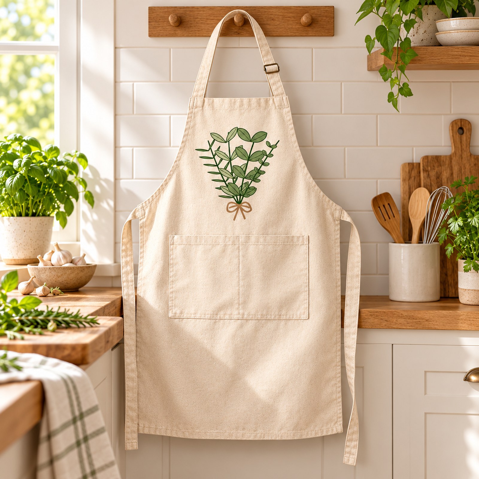 Herb Garden Pocket Apron – kitchen setting