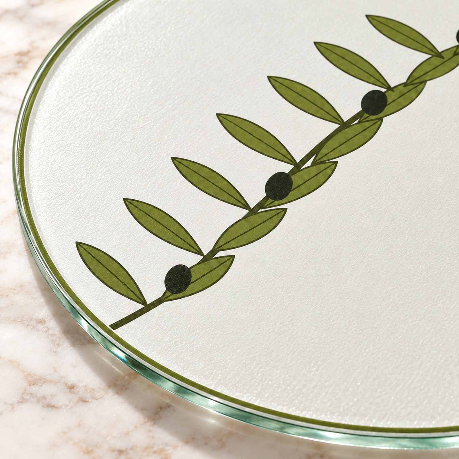 Olive Branch Round Glass Cutting Board – detail
