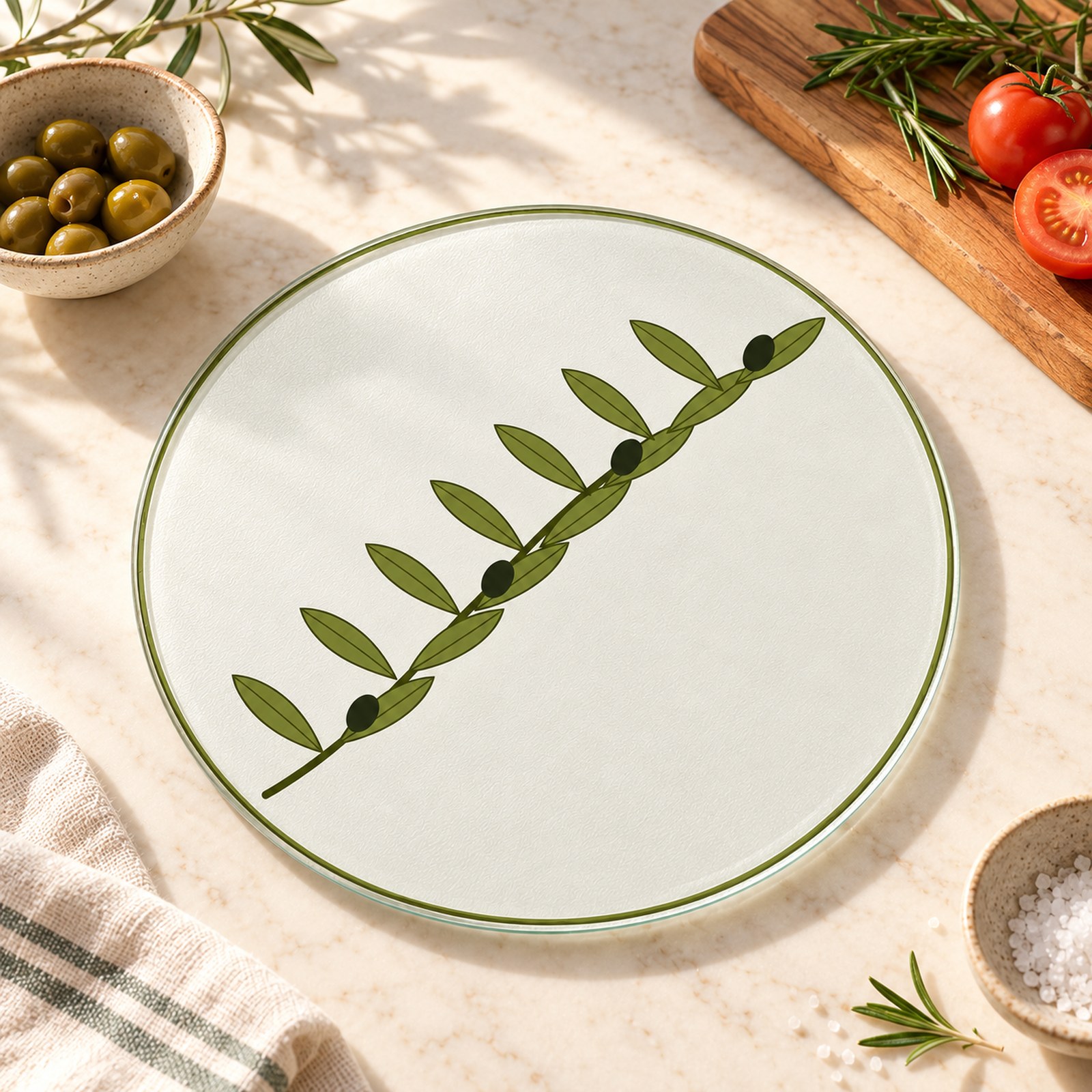 Olive Branch Round Glass Cutting Board – kitchen setting